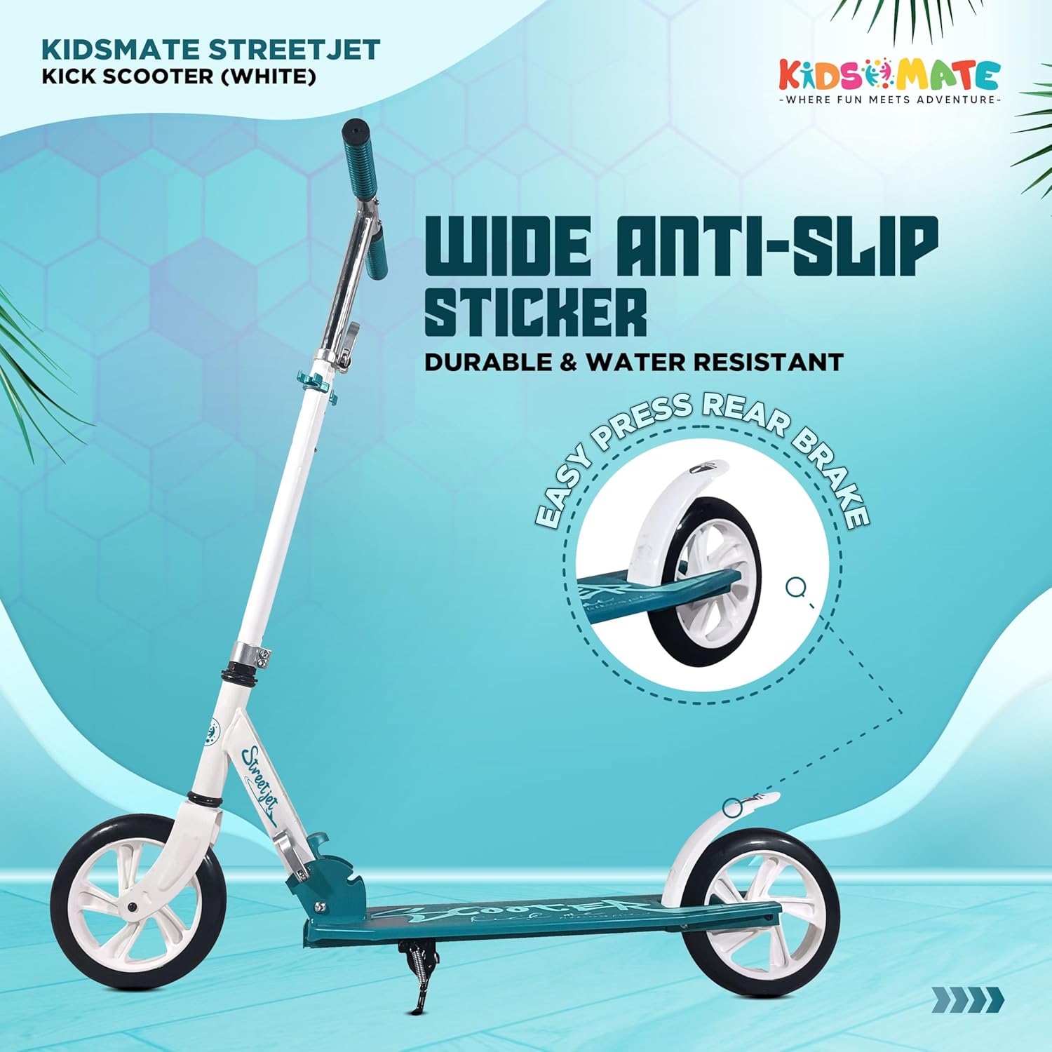 "High-performance Kidsmate StreetJet Kick Scooter, ideal for ages 6 years and above, including both kids and adults. This sturdy scooter boasts a sleek white and teal design, large wheels for stability, and is perfect for street use and outdoor adventures. Available at Usmile Toys."